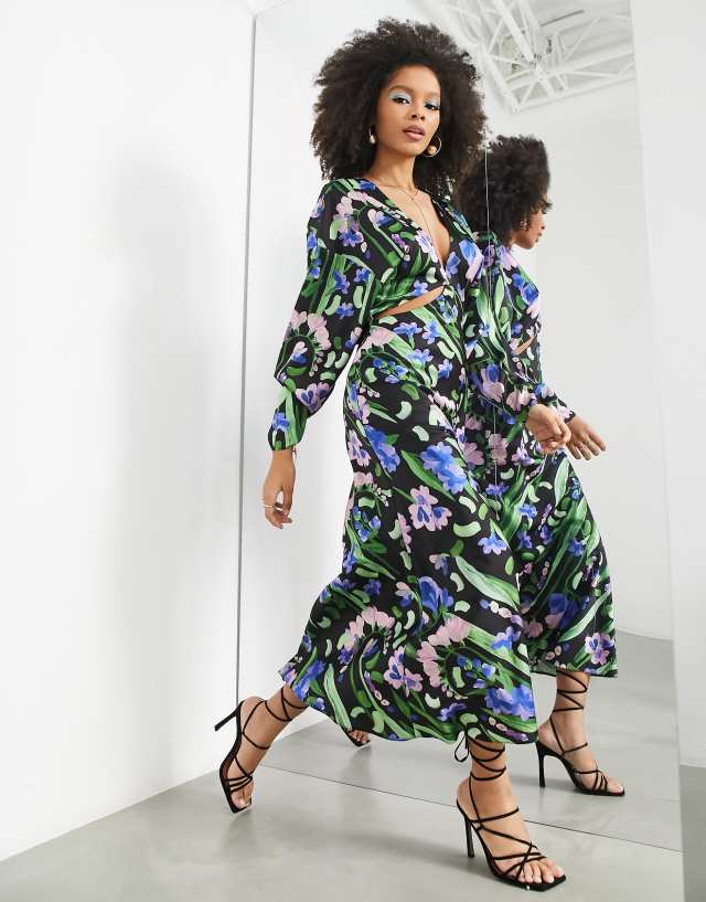 ASOS EDITION satin maxi dress with cut out detail in painted floral print