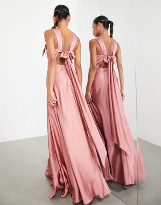 ASOS DESIGN Bridesmaid satin maxi dress with drape back detail in dusky rose