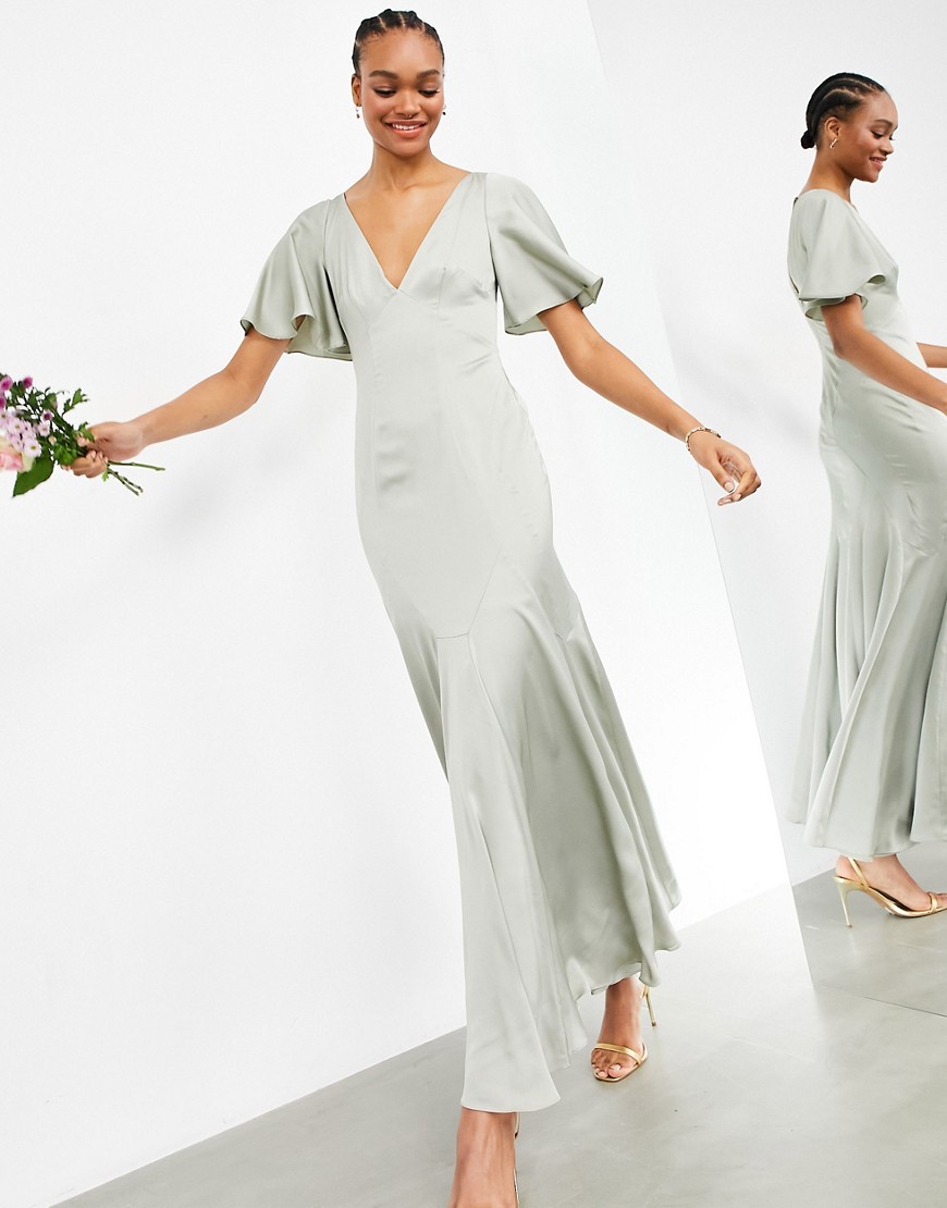 Asos Design Satin Maxi Dress With Flutter Sleeve In Sage Green