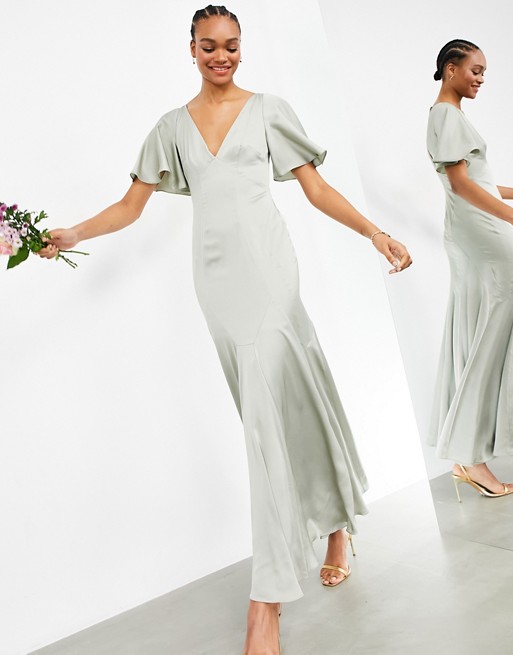 ASOS EDITION satin maxi dress with flutter sleeve in sage green