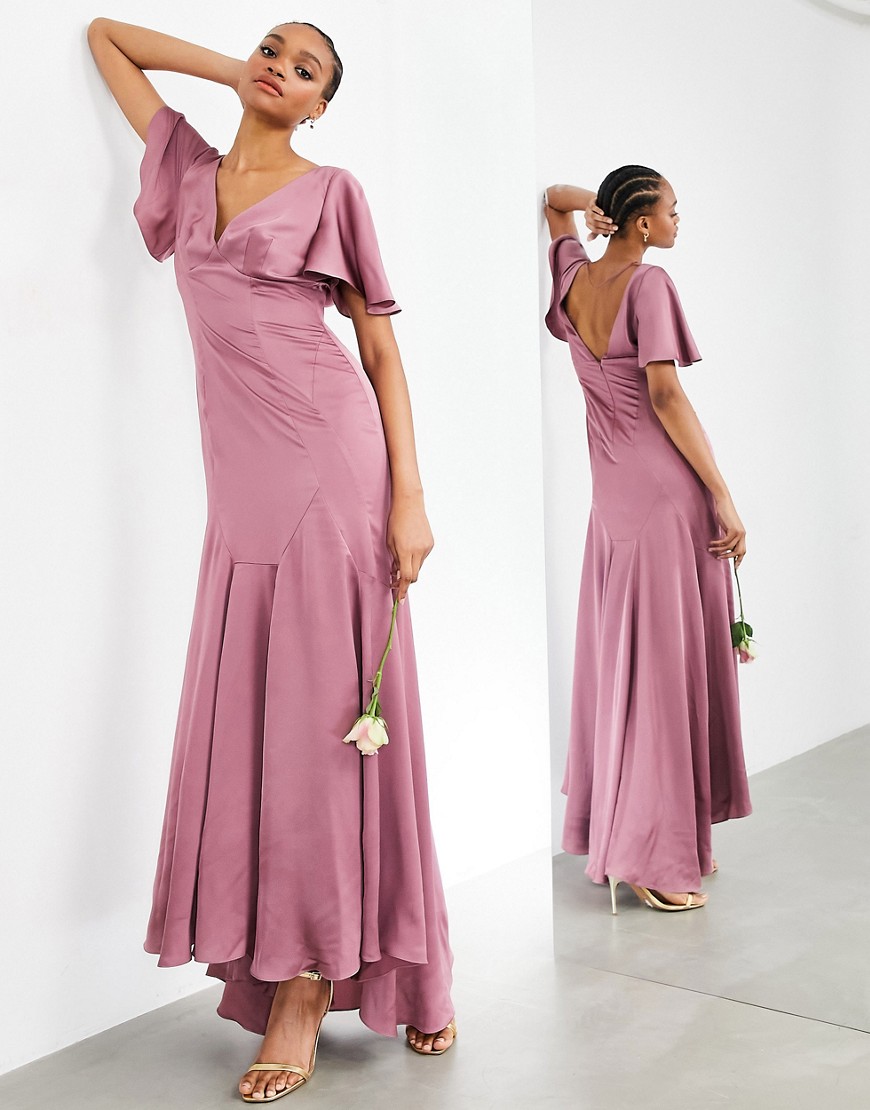 Asos Design Satin Maxi Dress With Flutter Sleeves In Orchid-purple