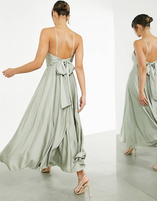 ASOS EDITION satin midi dress with tie back in sage green