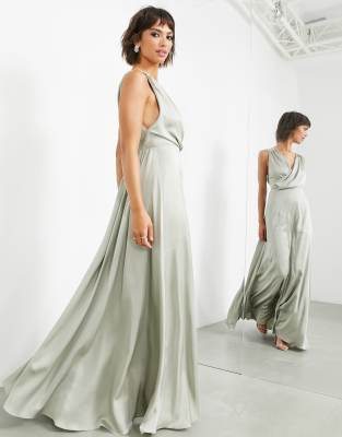 ASOS EDITION Satin Maxi Dress With Wrap Bodice In Sage Green | ASOS