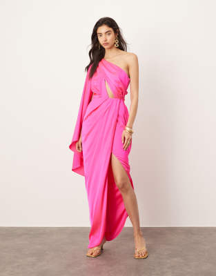 ASOS EDITION - Satin-Maxikleid in Rosa mit ausgestelltem One-Shoulder-Ärmel und gerafftem Taillendetail