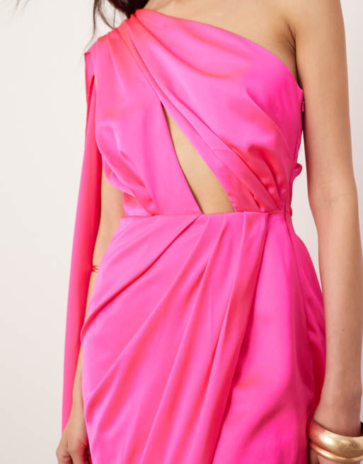 ASOS EDITION Satin Maxikleid in Rosa mit ausgestelltem One Shoulder Armel und gerafftem Taillendetail