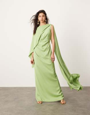 ASOS EDITION - Satin-Maxikleid in Salbeigrün mit Drapierung und geraffter Taille