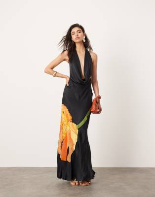 ASOS EDITION - Satin-Maxikleid in Schwarz mit Blumenstickerei, Wasserfallausschnitt und Neckholder-Träger