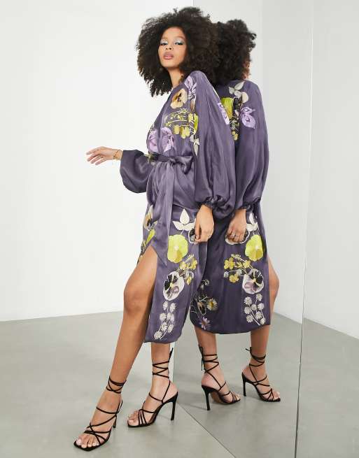 ASOS EDITION satin floral embroidered midi dress in violet