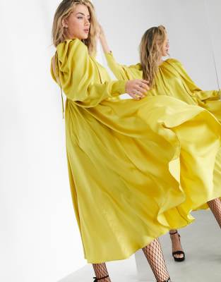 mustard satin midi dress