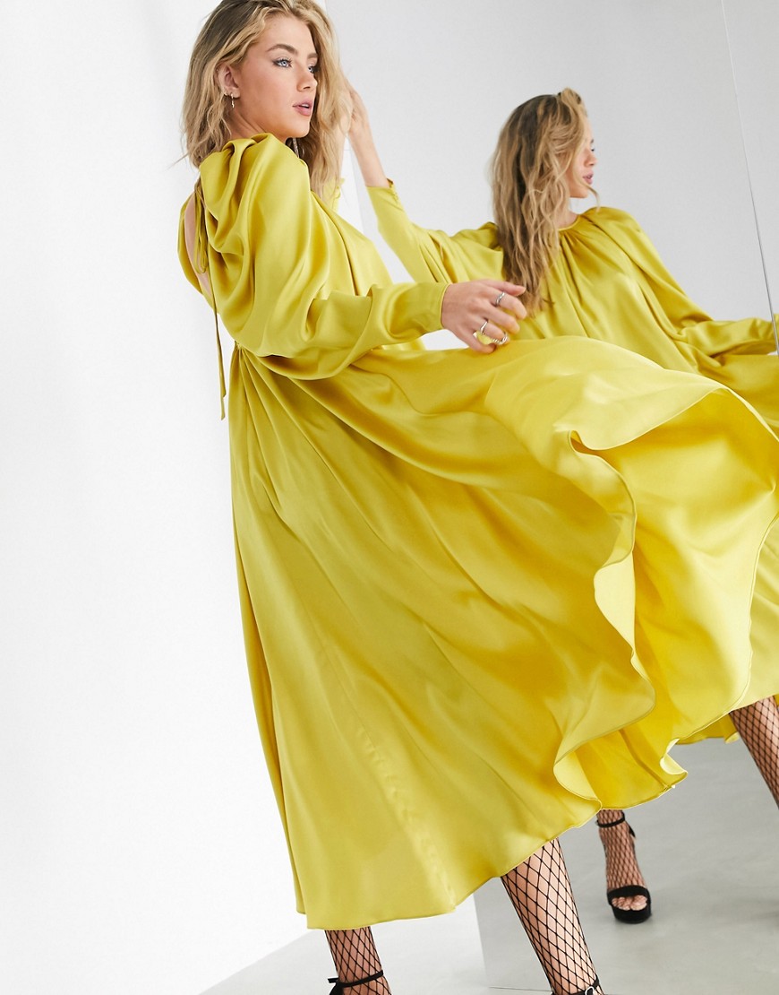 ASOS EDITION satin midi dress with low back and tie in mustard-Yellow