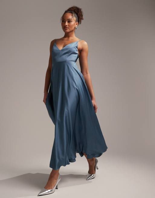 ASOS EDITION satin midi dress with tie back in dusky blue | ASOS