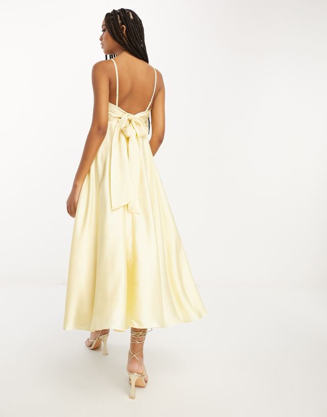 ASOS EDITION satin midi dress with tie back in lemon