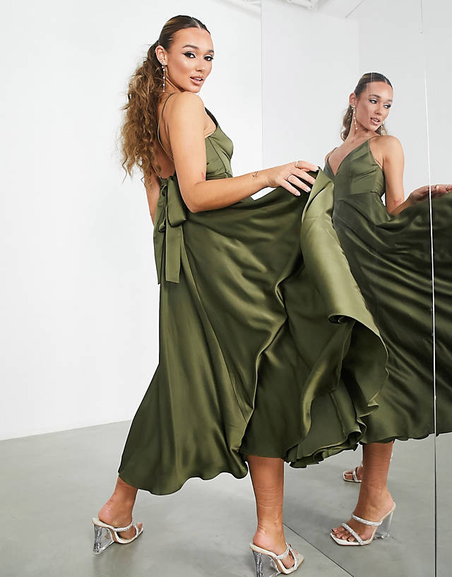 ASOS EDITION satin midi dress with tie back in olive