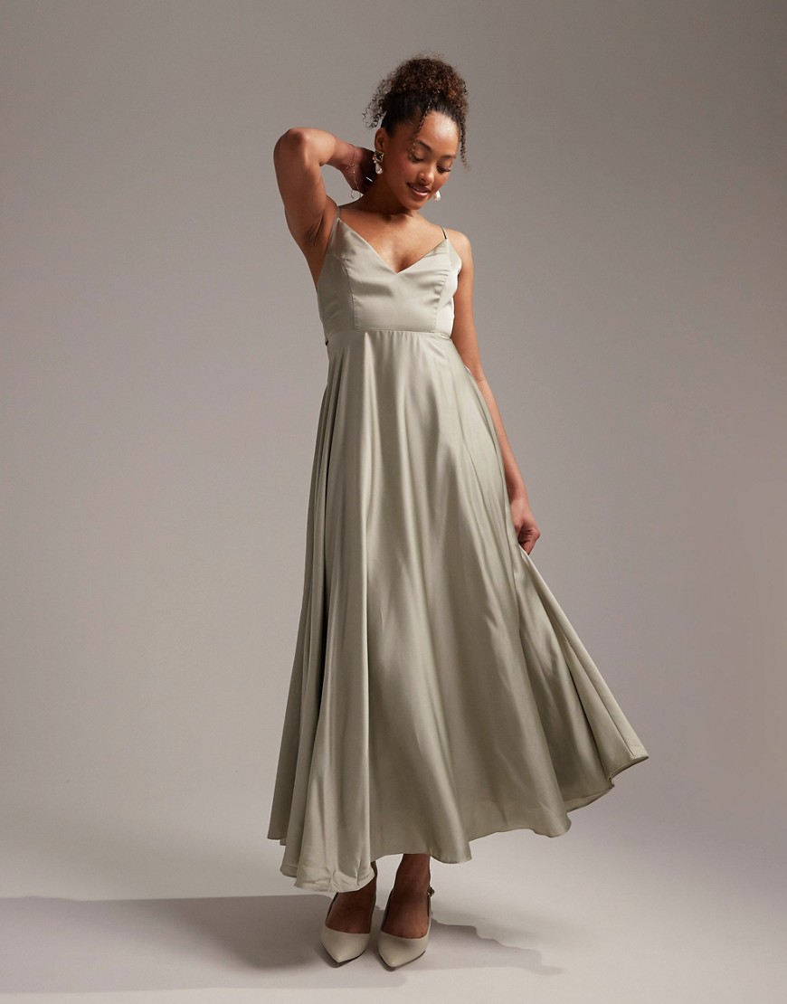 ASOS EDITION satin midi dress with tie back in sage green