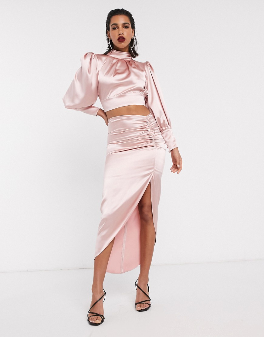 ASOS EDITION satin midi skirt with ruched detail-Pink