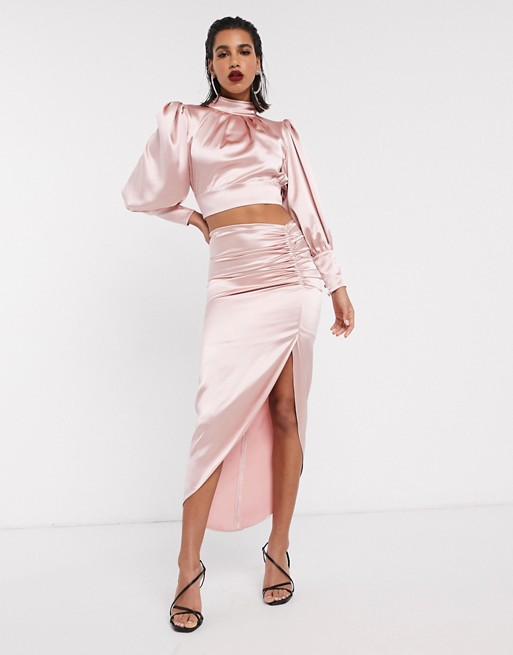 ASOS EDITION satin midi skirt with ruched detail
