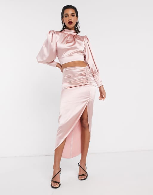 Satin ruched 2025 midi skirt