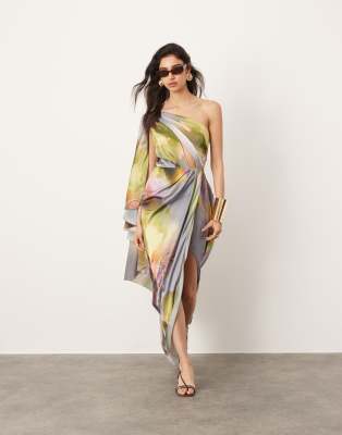 ASOS EDITION satin one shoulder flare sleeve maxi dress with ruched waist detail in blurred floral-Multi