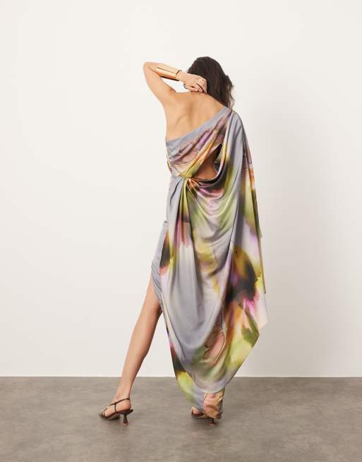 ASOS EDITION satin one shoulder flare sleeve maxi dress with ruched waist detail in blurred floral