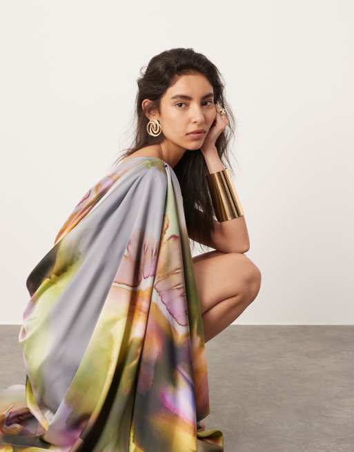 ASOS EDITION satin one shoulder flare sleeve maxi dress with ruched waist detail in blurred floral