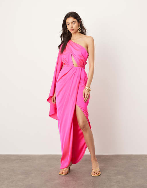 ASOS EDITION satin one shoulder flare sleeve maxi dress with ruched waist detail in pink