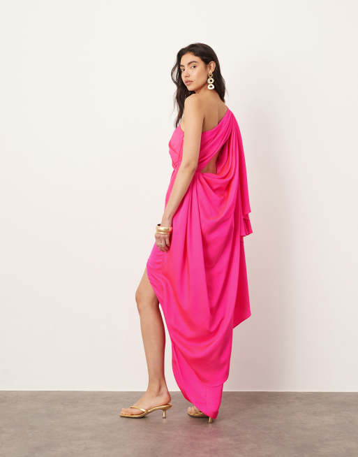 ASOS EDITION satin one shoulder flare sleeve maxi dress with ruched waist detail in pink