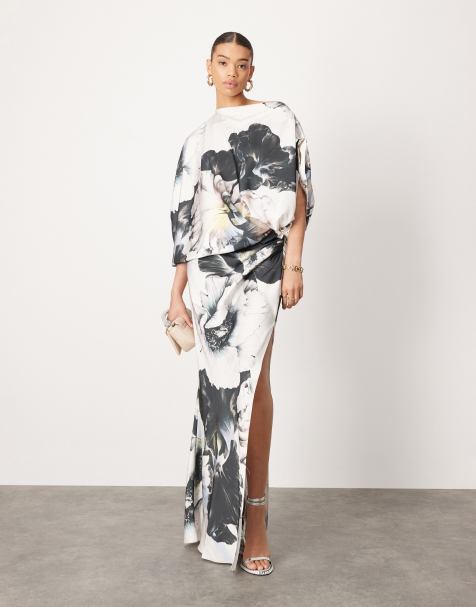 ASOS EDITION satin oversized one sleeve maxi dress in large floral print - view 1