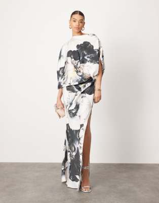 asos edition satin oversized one sleeve maxi dress in large floral print