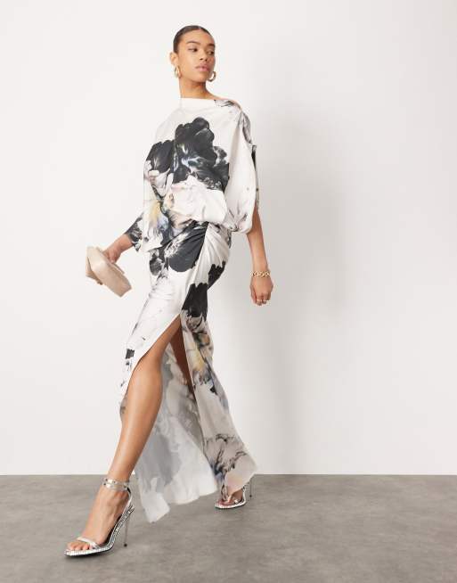 ASOS EDITION satin oversized one sleeve maxi dress in large floral print ASOS