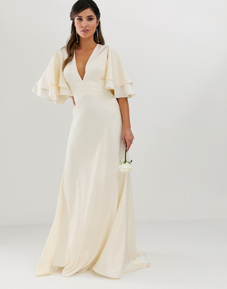 ASOS EDITION satin panelled wedding dress with flutter sleeve-Cream