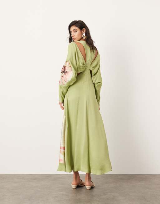 ASOS EDITION satin petal embroidered batwing maxi dress with cut out detail in green