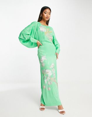 Asos Design Satin Phoenix Embroidery Batwing Midi Dress With V Back In Apple Green