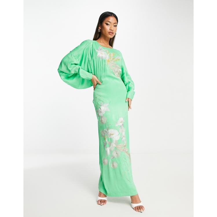 ASOS EDITION satin phoenix embroidery batwing midi dress with v