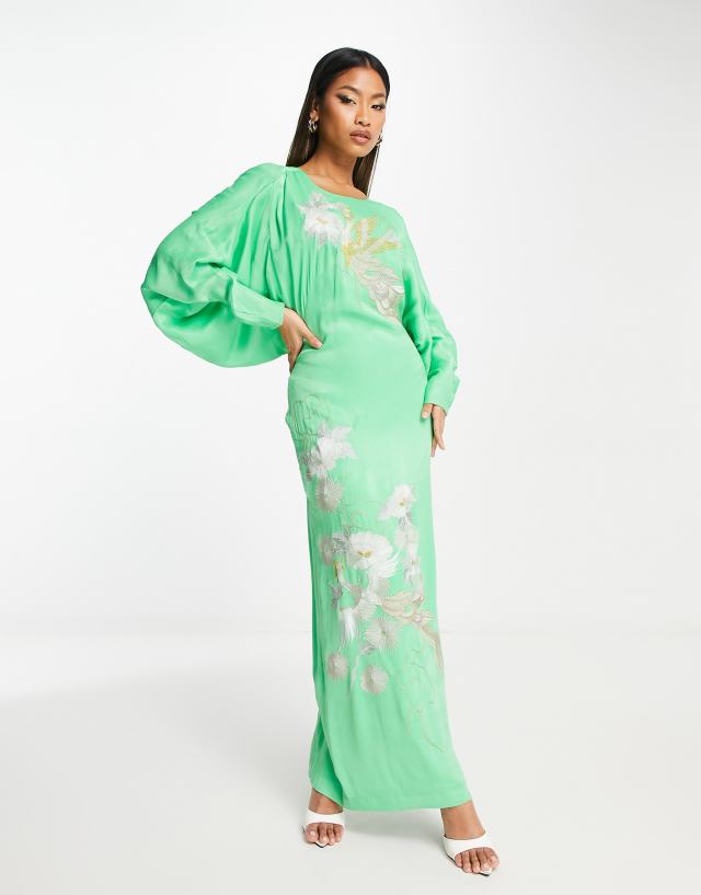 ASOS EDITION - satin phoenix embroidery batwing midi dress with v back in apple green