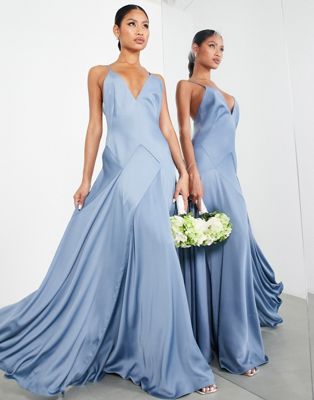 ASOS DESIGN Bridesmaid satin plunge maxi dress with cross back in dusky blue