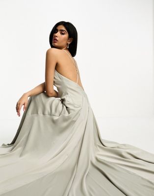 ASOS DESIGN Bridesmaid satin plunge maxi dress with cross back in sage green