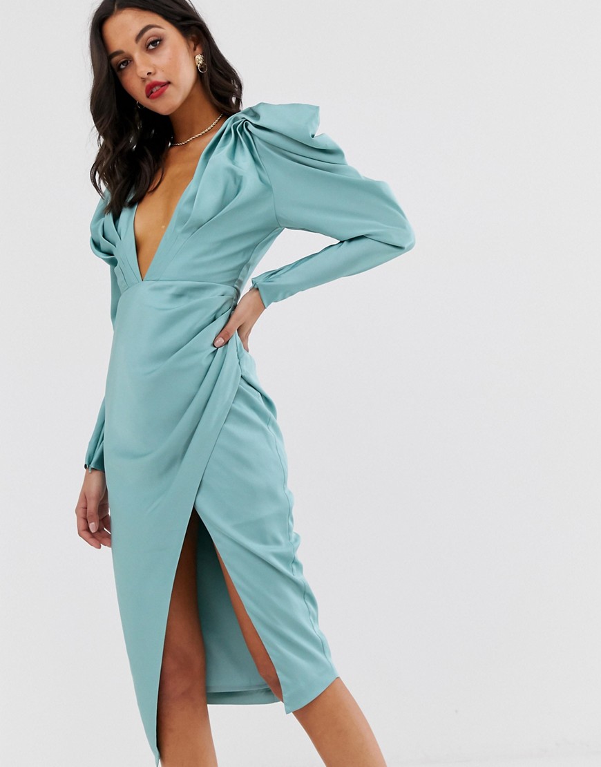 ASOS EDITION satin plunge midi dress with pintuck shoulder-Blue