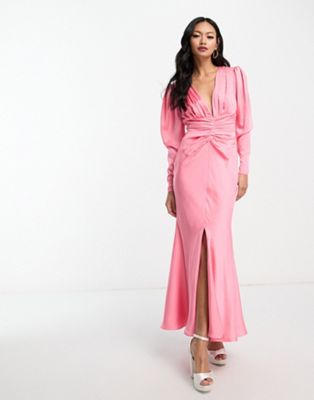 Asos Design Satin Plunge Midi Dress With Ruched Waist Detail In Pink