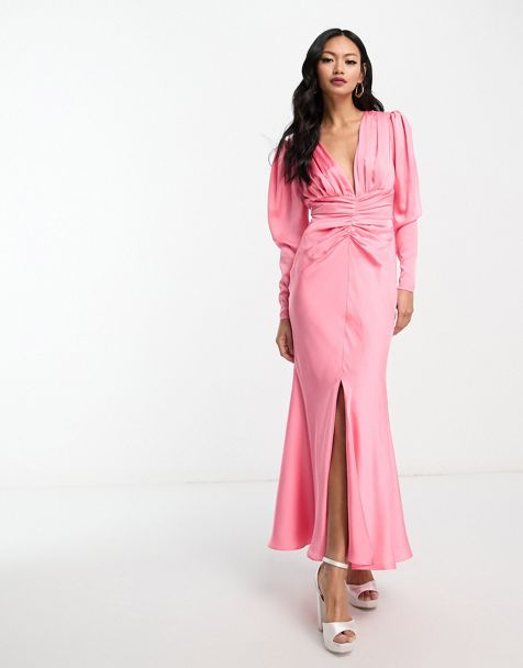 ASOS DESIGN long sleeve ruffle maxi dress in satin and chiffon mix in red