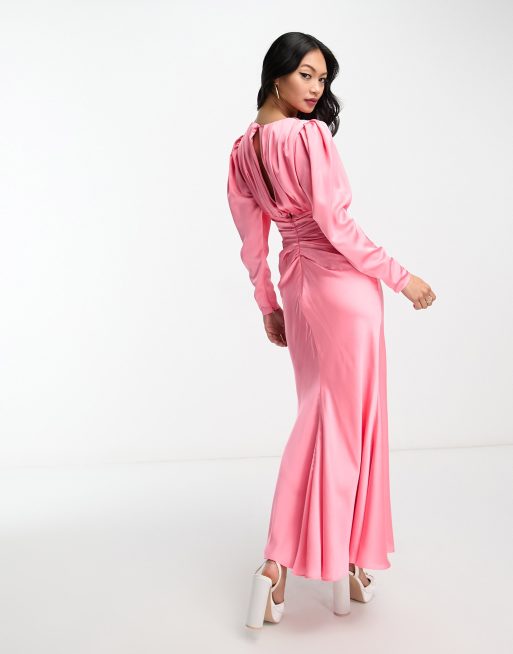 ASOS EDITION satin plunge midi dress with ruched waist detail in pink