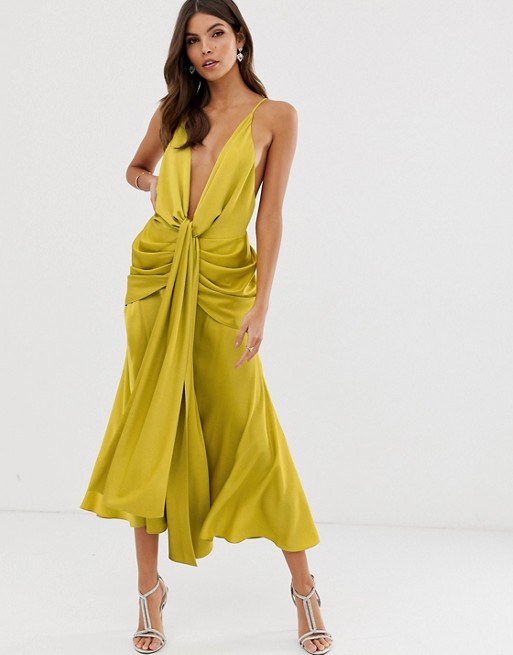 ASOS EDITION satin plunge strappy midi dress with tie front