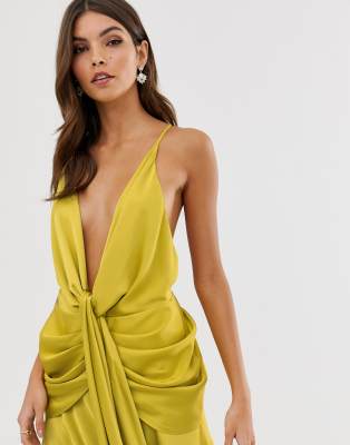 Asos edition satin plunge strappy 2025 midi dress with tie front