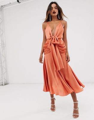 ASOS EDITION satin plunge strappy midi dress with tie front-Copper