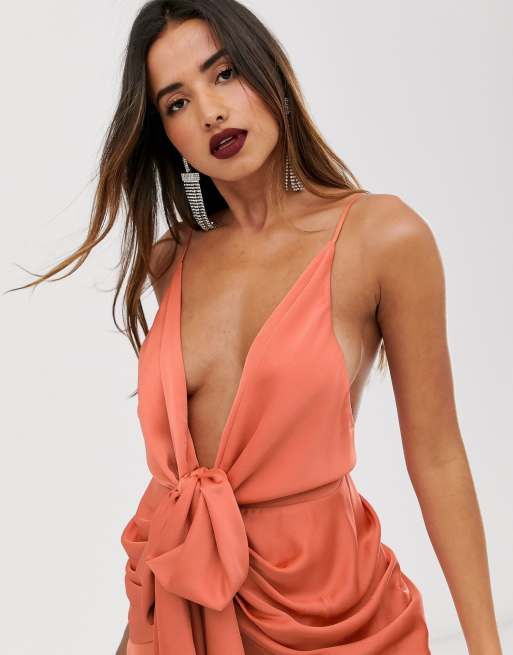 Asos design midi strappy cami shop with knot front plunge in satin