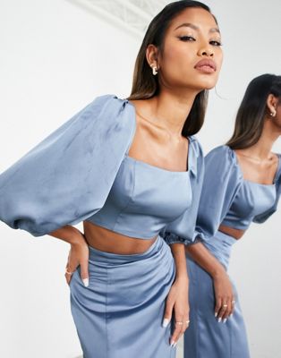 ASOS EDITION satin puff sleeve crop top co-ord in dusky blue