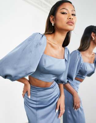 ASOS EDITION satin puff sleeve crop top co-ord in dusky blue