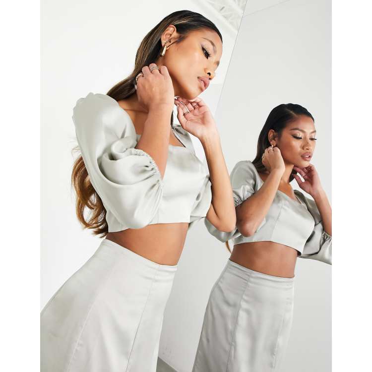 Women's Plus Size Balloon Puff Sleeve Crop Top and Flare Pants Set