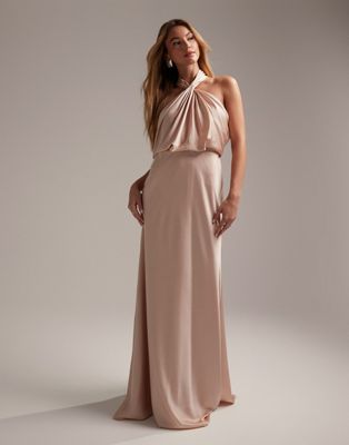 Asos Design Satin Ruched Halter Neck Maxi Dress In Blush-pink