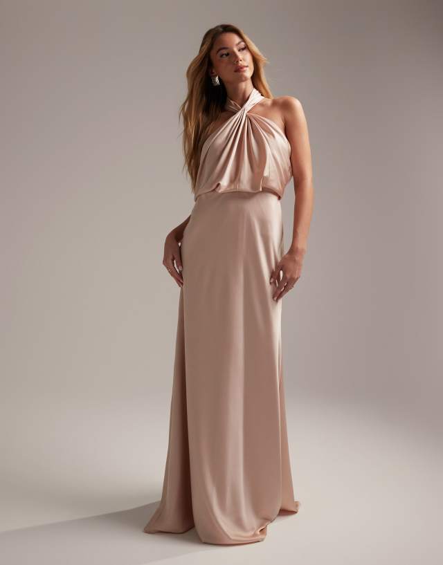 ASOS EDITION satin ruched halter neck maxi dress in blush