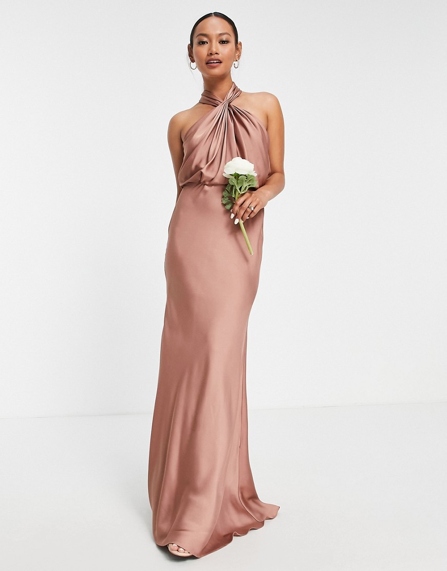 ASOS EDITION satin ruched halter neck maxi dress in cinnamon rose-Copper
